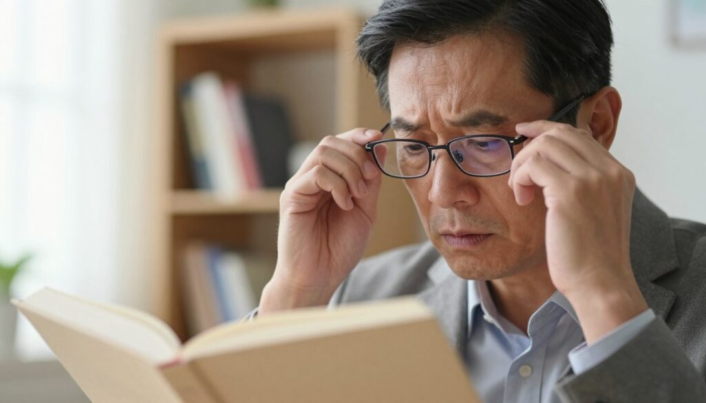 A close-up view of a person experiencing symptoms of secondary cataracts, depicted in a softly lit room. The foreground features the individual, a middle-aged person wearing professional attire, looking concerned as they adjust their glasses, squinting at a blurred book. The middle ground reveals a softly focused bookshelf filled with various medical literature, hinting at the need for consultation. In the background, a bright window allows warm, diffused light to filter in, creating a gentle atmosphere that conveys urgency and introspection. The image captures a sense of confusion and the importance of eye care, emphasizing clarity and concern for vision health. The color palette should consist of warm tones to evoke a caring environment.