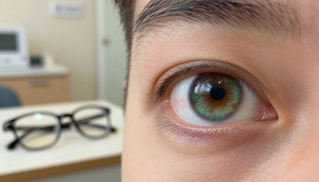 A close-up view of a person's eye, showcasing early signs of glaucoma with subtle visual indicators like slight changes in the optic nerve and unexpected light reflections. The foreground focuses on the eye, highlighting the iris with varying shades of green and brown, and the pupil appearing slightly larger than normal. In the middle ground, soft focus shows a pair of glasses resting on a table, symbolizing the importance of regular eye check-ups. The background is a softly blurred medical office setting with warm, inviting lighting, creating a calm atmosphere. The angle should be slightly above the eye level, allowing an intimate look at the subtleties of the condition. The image conveys a sense of awareness and proactive health management.