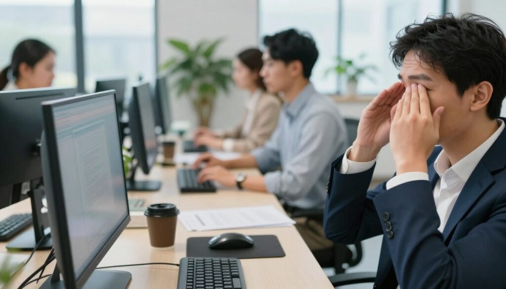 A close-up view of a professional office setting, focusing on a diverse group of individuals engaged in activities promoting eye health while working on computers. In the foreground, a person wearing professional business attire is practicing eye exercises, demonstrating positive eye hygiene habits. In the middle ground, ergonomic workstations with adjustable screens and lighting that reduces glare are set up, highlighting a focus on eye comfort. The background features a softly lit, modern workspace with plants that create a calming atmosphere. Natural light streams in through large windows, enhancing the mood of well-being and productivity. Emphasize a clean, organized environment to illustrate the importance of daily eye care while working at screens.