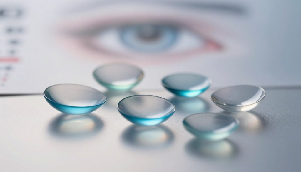 A close-up view of a selection of intraocular lenses (IOLs) arranged artistically on a sleek, reflective surface. The lenses should exhibit various designs and materials, demonstrating their unique characteristics, including some with subtle blue light filtering technology. In the background, a soft-focus image of an eye chart implies the medical aspect of eye care. The lighting is soft, emphasizing the transparency and details of the lenses, with a gentle light gradient creating a calm and professional atmosphere. Capture the mood of precision and care associated with cataract treatment while reflecting the importance of choosing the right implant for different lifestyles. Use a shallow depth of field to draw focus on the lenses, making them the main subject of the image. A close-up view of a selection of intraocular lenses (IOLs) arranged artistically on a sleek, reflective surface. The lenses should exhibit various designs and materials, demonstrating their unique characteristics, including some with subtle blue light filtering technology. In the background, a soft-focus image of an eye chart implies the medical aspect of eye care. The lighting is soft, emphasizing the transparency and details of the lenses, with a gentle light gradient creating a calm and professional atmosphere. Capture the mood of precision and care associated with cataract treatment while reflecting the importance of choosing the right implant for different lifestyles. Use a shallow depth of field to draw focus on the lenses, making them the main subject of the image.