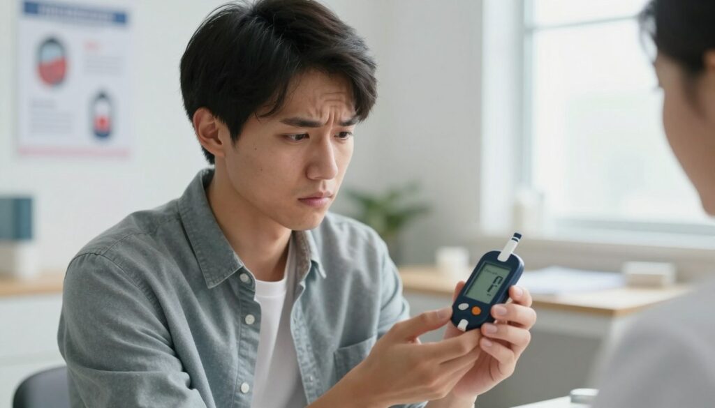 A close-up view of a young adult exhibiting early symptoms of type 1 diabetes, seated in a brightly lit, professional medical office. In the foreground, the individual, dressed in smart casual attire, holds a glucose meter with a concerned expression, illustrating the urgency of recognizing diabetes symptoms. The background features a visible doctor's desk, medical posters about diabetes, and a window allowing natural light to fill the room. Soft shadows highlight the individual’s face, creating a serious yet educational mood. Emphasize a warm color palette to evoke compassion and awareness about the condition, capturing the dichotomy of concern and medical attention.