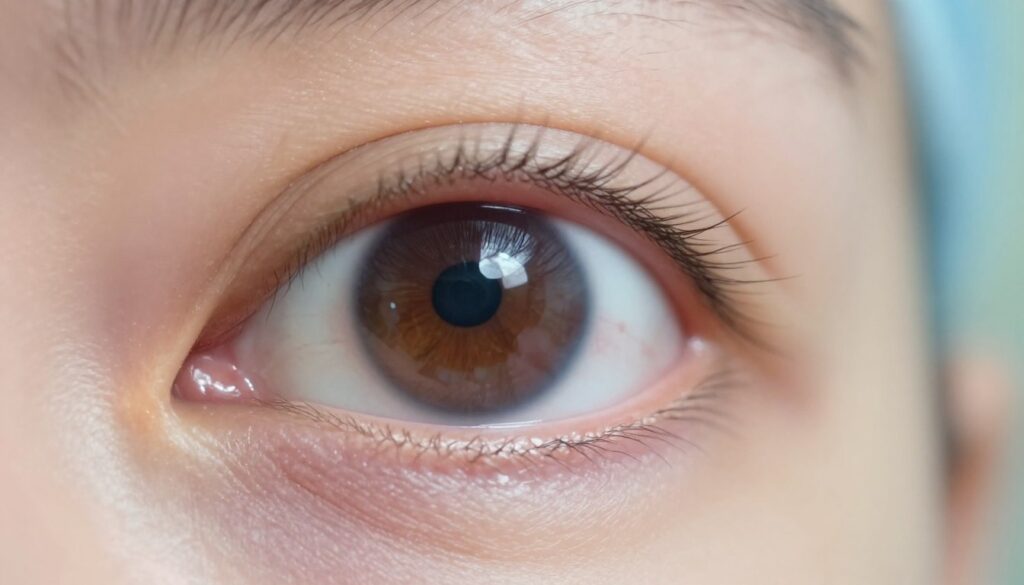 A close-up view of an eye exhibiting the features of congenital glaucoma, prominently displaying the corneal dilation and optic nerve changes associated with the condition. In the foreground, highlight the intricate textures of the eyelid and eyelashes, capturing the eye in sharp focus. In the middle ground, softly blur the surrounding skin tones to emphasize the eye's details. The background should be a subtle gradient of soft blues and greens, evoking a clinical atmosphere. Use diffused, natural lighting to create a gentle illumination, avoiding harsh shadows. The image should convey a sense of seriousness and professionalism, suitable for a medical context, while maintaining an educational tone.