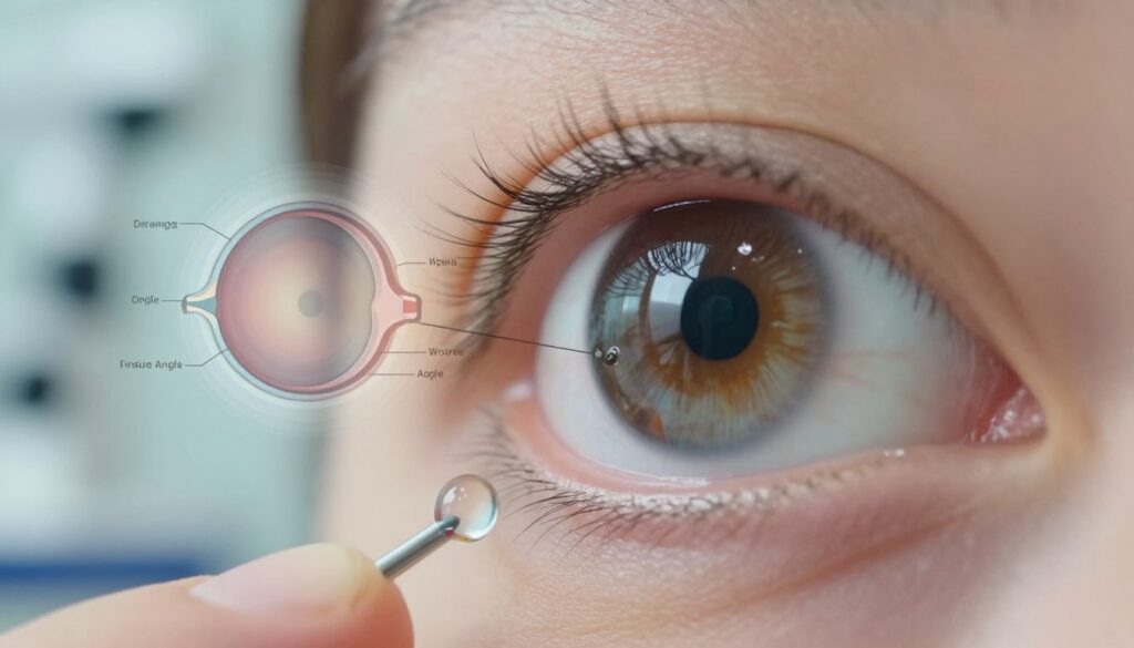 A close-up view of an eye, highlighting the pupil and sclera, with a visual representation of intraocular pressure depicted as a subtle gradient surrounding the eye. In the foreground, include a droplet of eye medicine, gleaming with reflective highlights, about to land on the eye. The middle ground features an anatomical diagram overlay of the eye structure, including labels for the cornea and drainage angle, rendered in a semi-transparent style. The background should be softly blurred, suggesting an ophthalmology clinic environment with hints of clinical tools. Use soft, natural lighting to create a calming atmosphere, while employing a shallow depth of field to emphasize the eye and medication droplet, evoking a sense of trust and professionalism.
