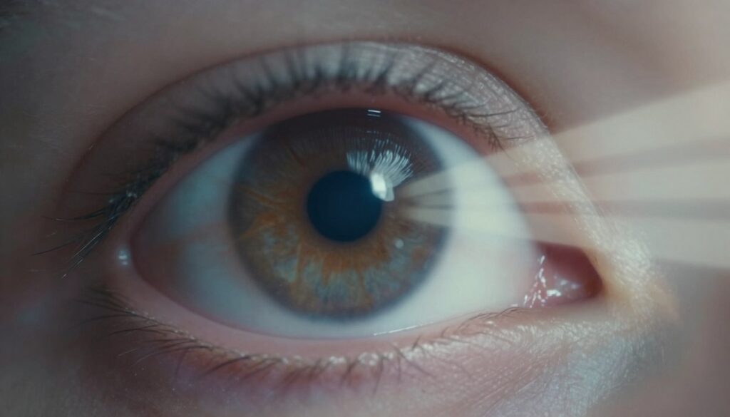 A close-up view of an eye, revealing subtle indicators of early glaucoma symptoms. The eye is centered in the foreground, focusing on the optic nerve and cornea, showcasing slight discoloration and shadows that suggest increased pressure. In the middle ground, an abstract representation of light beams reflects the delicate transition between clarity and blurriness, symbolizing the gradual loss of vision. The background features a soft, muted gradient that transitions from deep blue to light gray, creating a somber yet hopeful atmosphere. The overall mood is contemplative and informative, with soft, diffused lighting accentuating the details of the eye, as if captured through a macro lens at a 45-degree angle for maximum effect. A close-up view of an eye, revealing subtle indicators of early glaucoma symptoms. The eye is centered in the foreground, focusing on the optic nerve and cornea, showcasing slight discoloration and shadows that suggest increased pressure. In the middle ground, an abstract representation of light beams reflects the delicate transition between clarity and blurriness, symbolizing the gradual loss of vision. The background features a soft, muted gradient that transitions from deep blue to light gray, creating a somber yet hopeful atmosphere. The overall mood is contemplative and informative, with soft, diffused lighting accentuating the details of the eye, as if captured through a macro lens at a 45-degree angle for maximum effect.