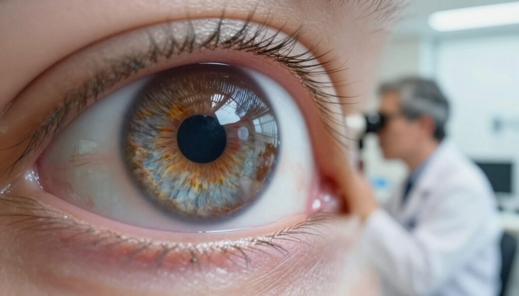 A close-up view of an eye with a cloudy lens, vividly depicting the symptoms of posterior subcapsular cataract. The foreground features detailed textures of the eye, showing the iris' rich colors and the opacity of the lens. In the middle ground, an ophthalmologist in professional attire examines the eye with an advanced optical device, conveying a sense of urgency and care. The background fades softly into a blurred medical clinic setting, illuminated by soft, natural light filtering through a window, creating a calm yet serious atmosphere. The overall mood of the image is focused and informative, aiming to highlight the importance of seeking immediate ophthalmological consultation.