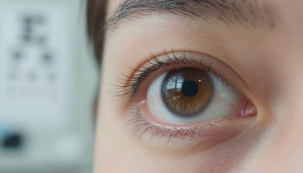 A close-up view of an eye, with a soft-focused near-sighted background to symbolize discomfort and the feeling of a foreign object post-cataract surgery. In the foreground, highlight the eye's intricate details, including the iris, pupil, and subtle reflections of light to convey a sense of realism. Use natural, diffused lighting to enhance the textures of the eye and evoke a clinical but calming atmosphere. The background should suggest a medical environment with blurred outlines of equipment, such as an eye chart and surgical tools, creating a serene yet slightly tense ambiance. Aim for a clear, focused image that visually represents the sensation of something being in the eye without additional elements or distractions.