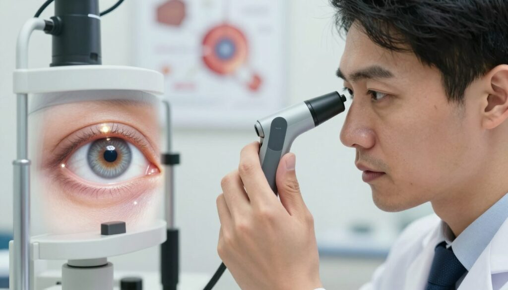 A close-up view of an ophthalmologist examining an eye for glaucoma testing. In the foreground, a focused practitioner wearing smart business attire is using a handheld tonometer to measure intraocular pressure, with a look of concentration on their face. The middle section reveals a detailed image of an eye, showcasing the iris and pupil illuminated under a precision light source, with a clear highlight on the optic nerve area. In the background, a well-lit clinic with medical equipment and anatomical posters illustrating the eye's structure. The atmosphere is professional and clinical, conveying a sense of urgency and importance in detecting glaucoma. The overall lighting is bright but soft, creating a sterile yet approachable environment.