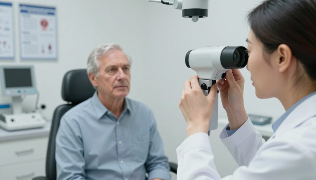 A close-up view of an ophthalmologist in a modern clinic, carefully examining a patient's eyes with a retinal camera. The foreground showcases the ophthalmologist, a middle-aged Asian woman in a white lab coat, focusing intently while holding the device. In the middle ground, the patient, a senior Caucasian man, sits calmly in an examination chair, looking informative and engaged. The background reveals a well-lit clinic with medical charts and diagnostic equipment neatly arranged. Soft, diffuse lighting enhances the professional atmosphere, emphasizing the seriousness of eye health. The mood conveys hope and diligence in monitoring glaucoma and its progression, capturing the importance of regular eye examinations and management. A close-up view of an ophthalmologist in a modern clinic, carefully examining a patient's eyes with a retinal camera. The foreground showcases the ophthalmologist, a middle-aged Asian woman in a white lab coat, focusing intently while holding the device. In the middle ground, the patient, a senior Caucasian man, sits calmly in an examination chair, looking informative and engaged. The background reveals a well-lit clinic with medical charts and diagnostic equipment neatly arranged. Soft, diffuse lighting enhances the professional atmosphere, emphasizing the seriousness of eye health. The mood conveys hope and diligence in monitoring glaucoma and its progression, capturing the importance of regular eye examinations and management.