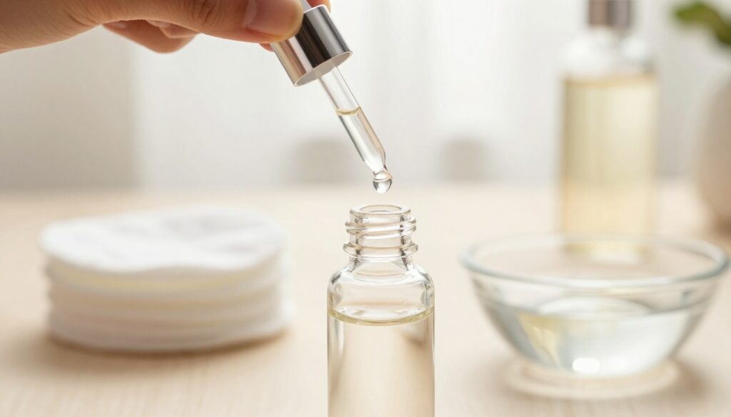 A close-up view of eye moisturizing drops, elegantly positioned atop a soft, blurred background of a bright, sunlit room. The foreground features a clear, glass bottle of eye drops with a precision dropper, reflecting light, showcasing the liquid inside as it glistens. A gentle hand is seen holding the bottle, conveying a sense of care and intention. In the middle ground, a subtle arrangement of cotton pads and a small dish of water provides an atmosphere of comfort and self-care. The overall lighting is warm and inviting, creating a calming mood that emphasizes the soothing nature of the product. The composition should be striking and informative, perfect for illustrating the importance of eye hydration post-cataract surgery.