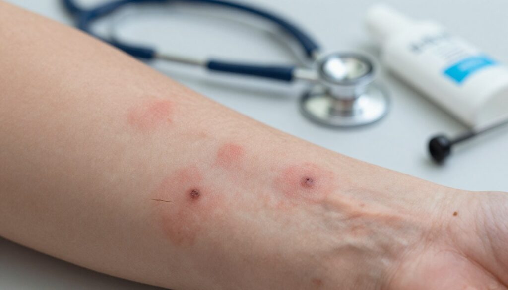 A close-up view of human skin affected by skin symptoms and infections, showcasing various stages of irritation and condition, such as rashes, fissures, and small sores, indicative of potential complications from diabetes. In the foreground, focus on a patch of skin with slight redness and subtle inflammation. The middle layer features a blurred background of medical instruments, like a stethoscope and antiseptic wipes, to convey a clinical atmosphere. Use soft, diffused lighting to create a serious yet informative mood. The angle should be slightly tilted to emphasize the skin's texture and detail, providing a sense of intimacy and urgency in understanding the skin manifestations of diabetes.