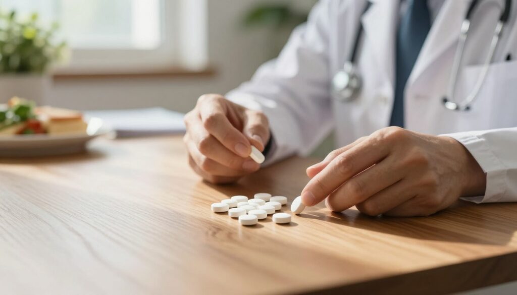 A close-up view of sulfonylurea diabetes medication tablets, elegantly arranged on a polished wooden table. Soft, natural light filters in from an unseen window, creating warm highlights and gentle shadows that enhance the texture of the tablets. In the background, out-of-focus elements reveal a partially set dining table, suggesting a meal is about to be served. Subtle greenery from potted plants adds a fresh feel, symbolizing health. A well-dressed healthcare professional, in a crisp white coat and smart attire, is seen thoughtfully reviewing a patient’s diet and medication timing, emphasizing the importance of drug administration timing. The overall atmosphere is calm, focused, and informative, reflecting the critical nature of medication timing for diabetes management.