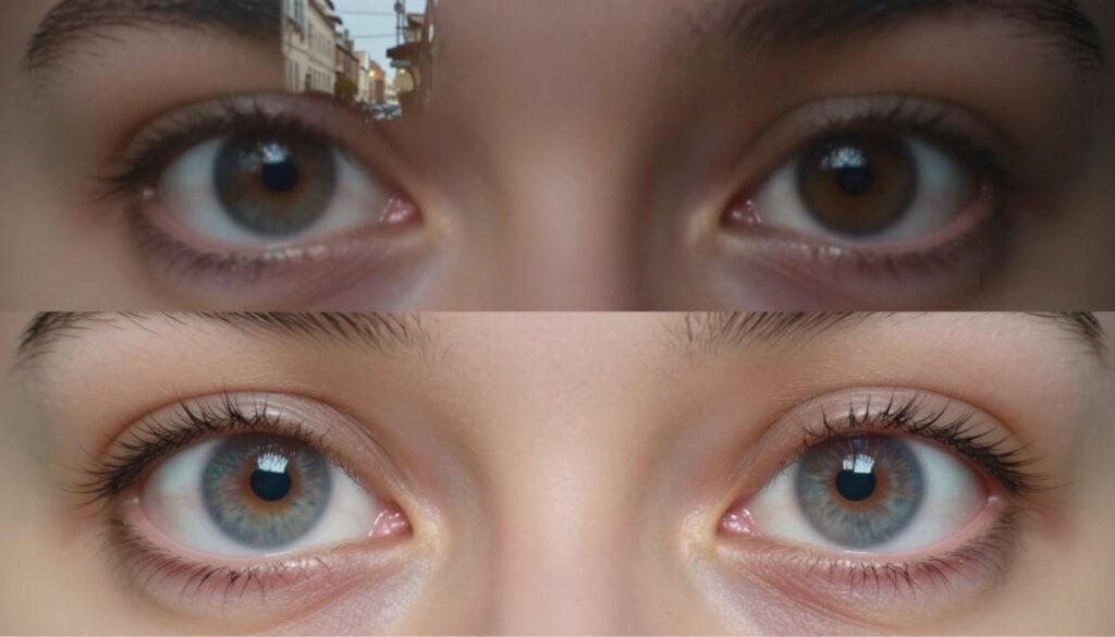 A comparative illustration of vision as affected by different types and stages of cataracts. In the foreground, include two human eyes, each displaying a unique visual distortion: one with early-stage cataracts showing slight blurriness and halo effects around light sources, while the other exhibits advanced cataracts with significant haze and reduced contrast. The middle layer should depict a clear scene, such as a street view, gradually transitioning from sharp clarity to obscured vision, representing the progression of cataract severity. In the background, include soft, diffused lighting to create a somber yet informative atmosphere, emphasizing the impact of cataracts on vision. The overall mood should evoke a sense of awareness and understanding about the visual changes caused by cataracts, captured with a photographic lens effect for realism.