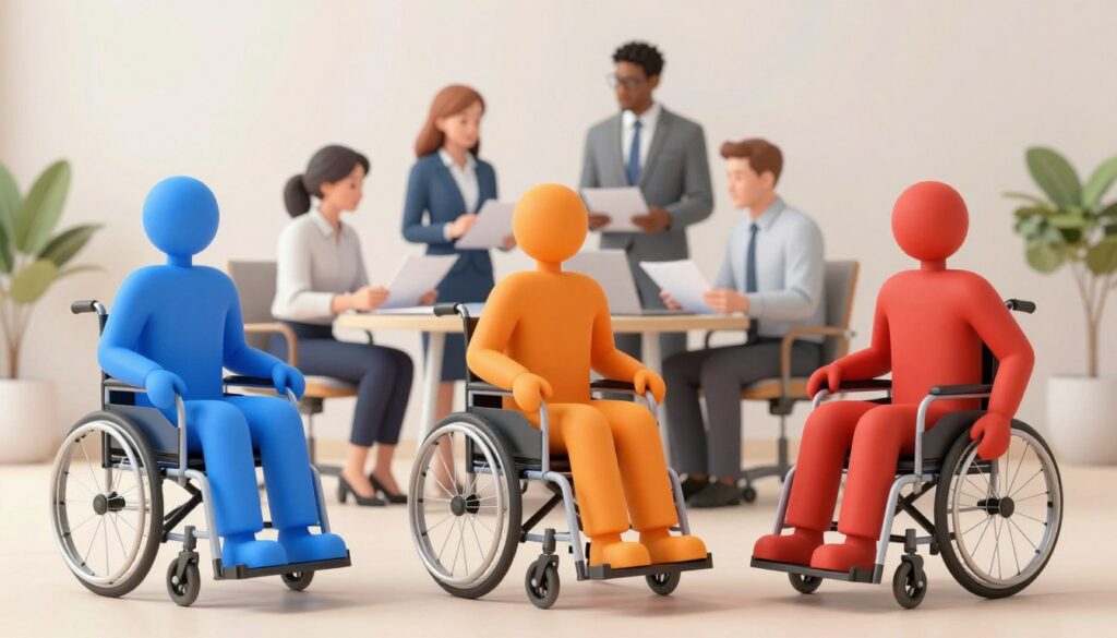 A conceptual illustration depicting varying degrees of disability related to Type 2 Diabetes. In the foreground, three abstract figures symbolize light, moderate, and severe disability levels, each represented with distinct colors and shapes to convey their conditions (e.g., vibrant blue for light, orange for moderate, and deep red for severe). In the middle ground, a modern office setting with a diverse group of professionals reviewing documents and engaging in conversation, all dressed in professional business attire, symbolizes the assessment process. The background features a calm, neutral-colored wall, creating a serene atmosphere. Soft, diffused lighting enhances the professional mood, while the composition focuses on the figures to elucidate the topic. A conceptual illustration depicting varying degrees of disability related to Type 2 Diabetes. In the foreground, three abstract figures symbolize light, moderate, and severe disability levels, each represented with distinct colors and shapes to convey their conditions (e.g., vibrant blue for light, orange for moderate, and deep red for severe). In the middle ground, a modern office setting with a diverse group of professionals reviewing documents and engaging in conversation, all dressed in professional business attire, symbolizes the assessment process. The background features a calm, neutral-colored wall, creating a serene atmosphere. Soft, diffused lighting enhances the professional mood, while the composition focuses on the figures to elucidate the topic.