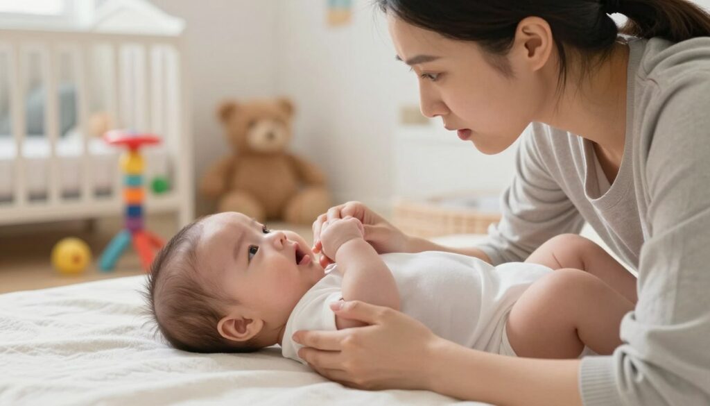 A concerned parent observing their infant, who is lying on a soft blanket in a well-lit nursery. The baby shows subtle signs of diabetes, such as increased thirst and a faint indication of fatigue. The foreground features the parent, dressed in modest casual clothing, gently cradling the baby with a worried expression. In the background, colorful toys and a warm, inviting ambiance suggest a nurturing environment. Soft, diffused lighting bathes the scene, emphasizing the tender moment. The overall mood conveys a sense of concern and care, focusing on the parent’s attentive gaze towards the baby, highlighting the importance of recognizing symptoms in infants.