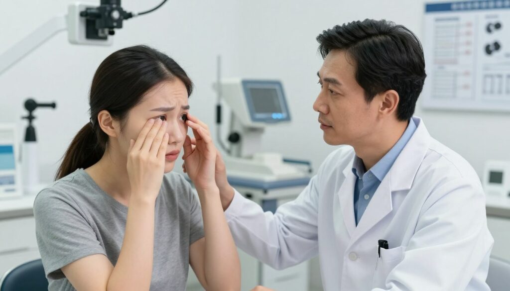 A concerned patient in a bright, modern ophthalmology clinic, holding their eyes, displaying signs of discomfort after cataract surgery. The doctor, dressed in a white coat and professional attire, is attentively listening and offering reassurance. In the background, there are medical equipment and charts related to eye health assessment, creating a clinical atmosphere. Soft, diffused lighting enhances the focus on the patient and doctor, with a slightly blurred background to emphasize their interaction. The overall mood is one of urgency and concern, yet reassuring, highlighting the importance of immediate medical attention for post-operative eye issues.