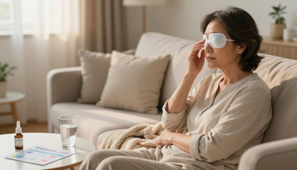 A cozy home environment featuring a patient recovering one day after cataract surgery. In the foreground, a middle-aged person wearing comfortable, modest clothing is sitting on a couch, gently touching their eye with a healing eye patch on. They appear calm and contemplative, surrounded by soft pillows and a cozy blanket. In the middle ground, a coffee table holds eye drops, a glass of water, and a printed recovery guide, symbolizing the essentials for healing. The background features soft, warm lighting coming from a nearby window, with sheer curtains filtering the sunlight, creating a serene atmosphere. The overall mood is peaceful and supportive, emphasizing the importance of rest and proper care during recovery. A cozy home environment featuring a patient recovering one day after cataract surgery. In the foreground, a middle-aged person wearing comfortable, modest clothing is sitting on a couch, gently touching their eye with a healing eye patch on. They appear calm and contemplative, surrounded by soft pillows and a cozy blanket. In the middle ground, a coffee table holds eye drops, a glass of water, and a printed recovery guide, symbolizing the essentials for healing. The background features soft, warm lighting coming from a nearby window, with sheer curtains filtering the sunlight, creating a serene atmosphere. The overall mood is peaceful and supportive, emphasizing the importance of rest and proper care during recovery.