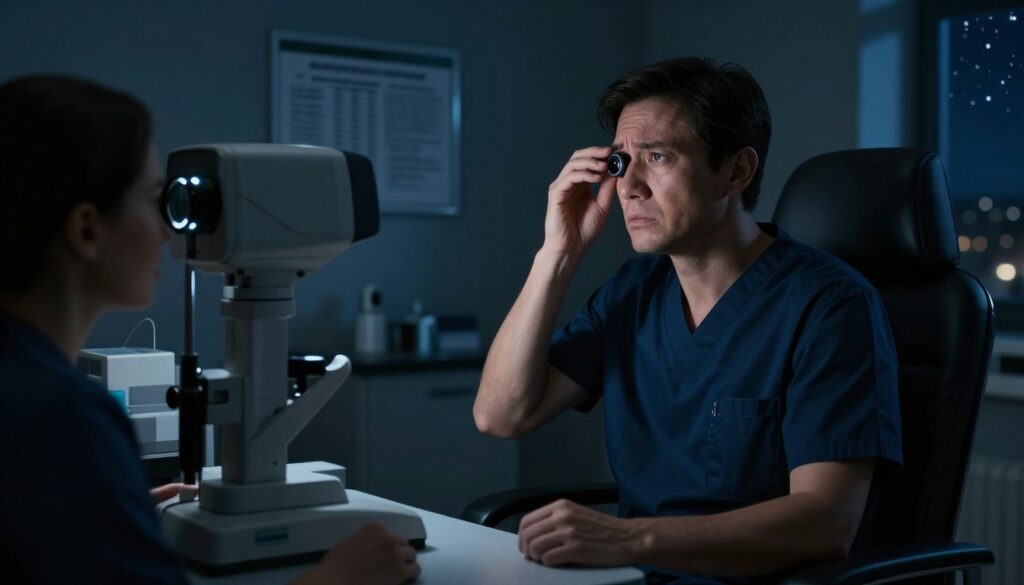 A darkened room at twilight, featuring a patient in professional attire sitting on an examination chair, looking uncomfortable and anxious while examining blurred vision through a medical device. In the foreground, a close-up of the device highlights the lens and lights, casting a soft glow. The middle ground shows medical charts and equipment, subtly illuminated. In the background, the dimmed room is filled with shadows, a window revealing a starry night sky, creating an atmosphere of unease and anticipation. The overall mood is serious and contemplative, evoking the challenges of visual impairment in low-light conditions, illustrating the struggle with night vision symptoms associated with glaucoma.