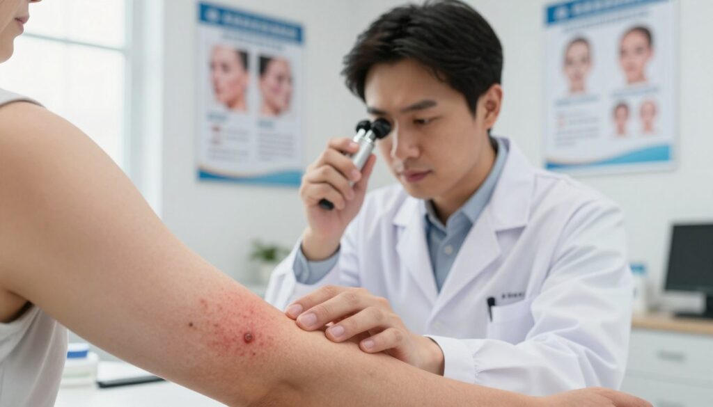 A dermatologist's examination room focusing on skin infections related to diabetes. In the foreground, a close-up of a patient's arm covered with visible signs of skin infection such as redness, swelling, and pustules, illustrating the impact of diabetes on skin health. In the middle, a professional dermatologist, dressed in a white coat and modest clothing, is closely examining the affected skin with a dermatoscope, demonstrating an engaged and analytical approach. The background features medical posters related to skin care and diabetes management, softly lit with natural light coming from a nearby window, creating a clinical yet warm atmosphere. The overall mood conveys a sense of urgency blended with hope for treatment and management of skin infections in diabetic patients. A dermatologist's examination room focusing on skin infections related to diabetes. In the foreground, a close-up of a patient's arm covered with visible signs of skin infection such as redness, swelling, and pustules, illustrating the impact of diabetes on skin health. In the middle, a professional dermatologist, dressed in a white coat and modest clothing, is closely examining the affected skin with a dermatoscope, demonstrating an engaged and analytical approach. The background features medical posters related to skin care and diabetes management, softly lit with natural light coming from a nearby window, creating a clinical yet warm atmosphere. The overall mood conveys a sense of urgency blended with hope for treatment and management of skin infections in diabetic patients.
