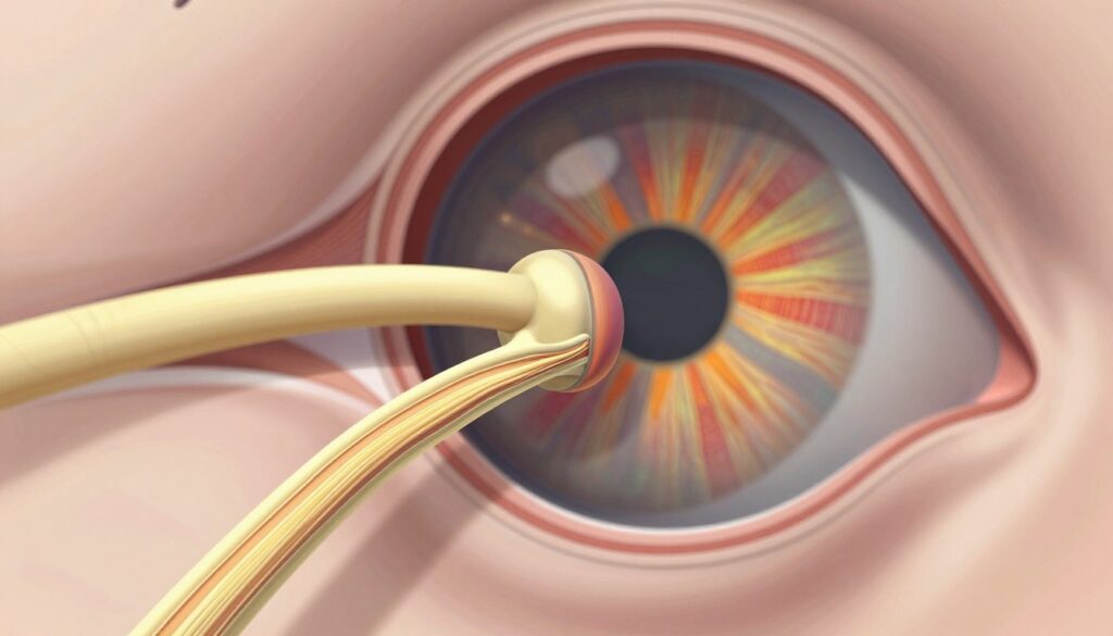 A detailed anatomical illustration of the eye focusing on the optic nerve, retina, and intraocular pressure effects. In the foreground, prominently display the optic nerve, showcasing its complex structure with fine nerve fibers. In the middle ground, illustrate the retina with vibrant colors, highlighting potential areas of damage typical in glaucoma, like a compressed optic disc. The background should have a soft-focus representation of an eye, capturing a cross-sectional view that reveals the internal components, like the aqueous humor and lens. Use realistic lighting to emphasize textures and details, enhancing the clarity of the anatomical features. The atmosphere should be clinical and informative, ideal for educational purposes, conveying the intricate workings of the eye without any distractions or text overlays.