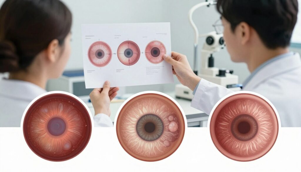 A detailed and informative illustration depicting various types of cataracts, highlighting their effects on vision. In the foreground, include close-up views of three distinct cataract types: nuclear, cortical, and posterior subcapsular cataracts, showcasing their unique characteristics. The middle ground should feature a medical professional in a lab coat examining eye diagrams, with a focus on the progression of cataracts. Use soft, diffused lighting to create an informative and clinical atmosphere, emphasizing clarity. The background should have a blurred out eye examination room to enhance focus on the cataracts. The angle should be slightly above eye level to provide a comprehensive view while maintaining a professional, educational mood.