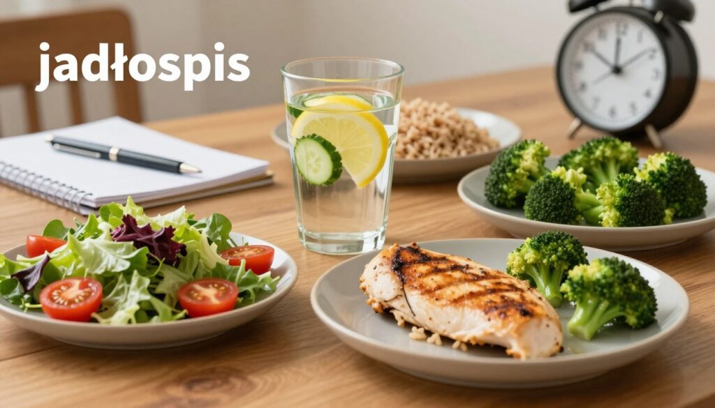 A detailed and vibrant "jadłospis" spread on a wooden table, showcasing a daily meal plan suitable for a diabetes-friendly diet. In the foreground, include neatly arranged plates of wholesome foods: a colorful salad with leafy greens and cherry tomatoes, a grilled chicken breast, brown rice, and steamed broccoli. In the middle, display a clear glass with infused water containing slices of lemon and cucumber. In the background, softly blurred elements like a notepad with a pen, and a clock indicating a balanced eating schedule. Warm, natural lighting to create a welcoming atmosphere, emphasizing health and wellness. The composition should evoke a sense of organization and mindfulness in meal preparation. A detailed and vibrant "jadłospis" spread on a wooden table, showcasing a daily meal plan suitable for a diabetes-friendly diet. In the foreground, include neatly arranged plates of wholesome foods: a colorful salad with leafy greens and cherry tomatoes, a grilled chicken breast, brown rice, and steamed broccoli. In the middle, display a clear glass with infused water containing slices of lemon and cucumber. In the background, softly blurred elements like a notepad with a pen, and a clock indicating a balanced eating schedule. Warm, natural lighting to create a welcoming atmosphere, emphasizing health and wellness. The composition should evoke a sense of organization and mindfulness in meal preparation.