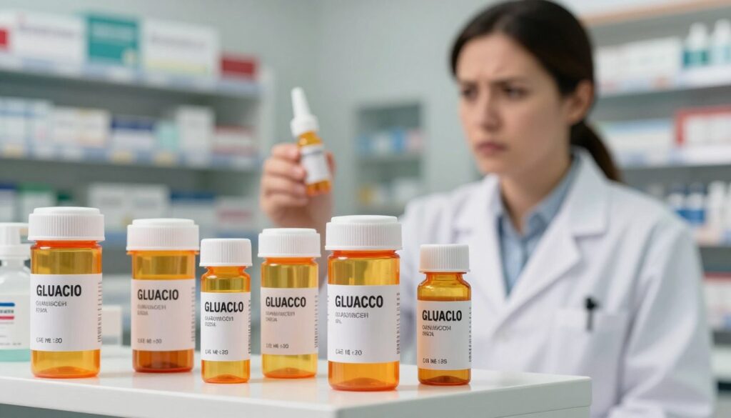 A detailed assortment of prescription eye drop bottles prominently displayed in the foreground, showcasing various packaging designs that represent withdrawn glaucoma medications. Each bottle features a clear label with a distinct expiration date and a unique series number, emphasizing the importance of medication safety. In the middle ground, a healthcare professional in a white lab coat inspects the bottles, looking concerned yet focused, symbolizing diligence in monitoring health products. The background consists of a soft-focused pharmacy interior, warm lighting illuminating the scene to create a thoughtful, serious atmosphere. The overall mood communicates the significance of vigilance in pharmaceutical safety, while ensuring all elements remain professional and informative. Soft shadows enhance depth and clarity in the composition.