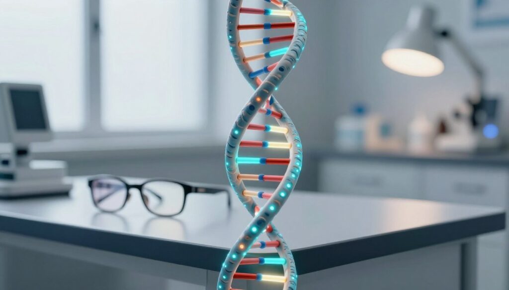 A detailed close-up of a DNA double helix, elegantly spiraling upwards, set against a softly blurred background of an ophthalmology clinic. The foreground features the helix with glowing, bioluminescent strands, highlighting sections that represent genetic markers related to diabetes. In the middle ground, a pair of eyeglasses rests on a sleek, modern desk, reflecting a subtle illumination from a nearby lamp, emphasizing a clinical yet inviting atmosphere. The background shows blurred outlines of medical equipment and a large window with soft, natural light streaming in, conveying a sense of safety and hope. The overall mood is serene but focused, drawing attention to the connection between genetics and eye health without any human subjects present.