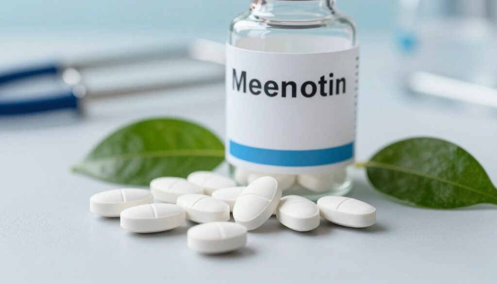 A detailed composition illustrating Metformin, a common medication for type 2 diabetes. In the foreground, a close-up of Metformin tablets gracefully arranged on a sleek, modern surface, emphasizing their distinct shape and texture. In the middle ground, a clear medicine bottle with a label showcasing the drug's name, surrounded by green leaves symbolizing health and vitality. The background features a softly blurred scene of a clinical environment, with muted blue and white tones to convey a sense of professionalism and cleanliness. The lighting is bright yet soft, highlighting the tablets and creating a calm atmosphere. The angle is slightly overhead, providing a comprehensive view of the composition, making it perfect for illustrating a section on diabetes medications. A detailed composition illustrating Metformin, a common medication for type 2 diabetes. In the foreground, a close-up of Metformin tablets gracefully arranged on a sleek, modern surface, emphasizing their distinct shape and texture. In the middle ground, a clear medicine bottle with a label showcasing the drug's name, surrounded by green leaves symbolizing health and vitality. The background features a softly blurred scene of a clinical environment, with muted blue and white tones to convey a sense of professionalism and cleanliness. The lighting is bright yet soft, highlighting the tablets and creating a calm atmosphere. The angle is slightly overhead, providing a comprehensive view of the composition, making it perfect for illustrating a section on diabetes medications.
