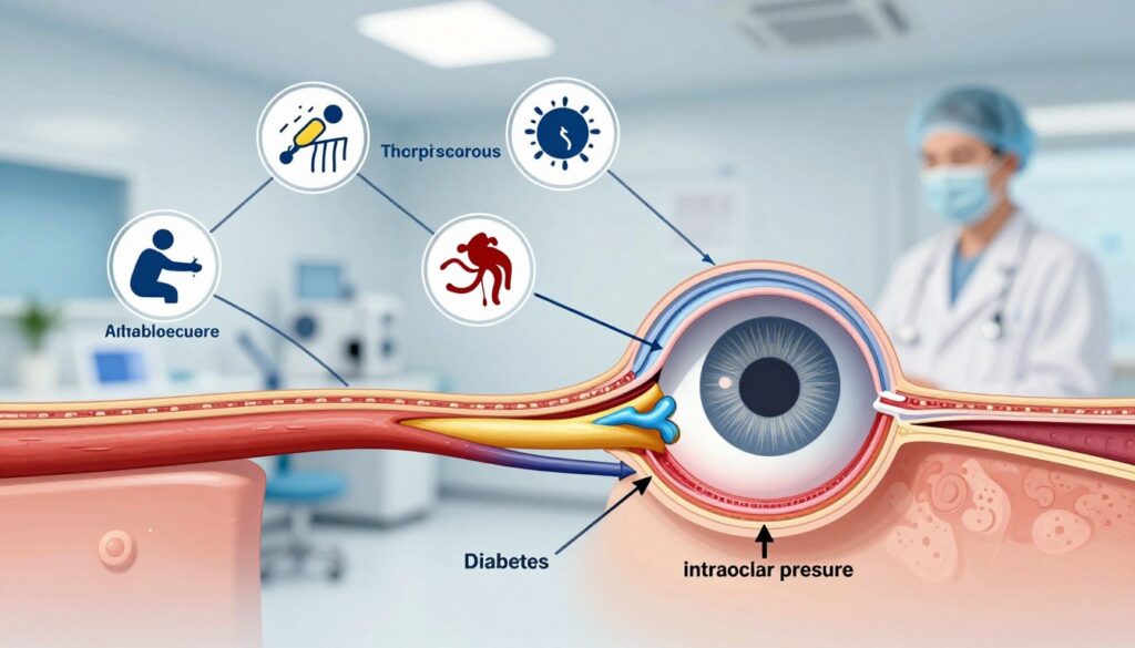 A detailed cross-section illustration of the human eye, focusing on the optic nerve, surrounded by intricate graphics representing the causes of optic nerve damage. In the foreground, the optic nerve is highlighted, with arrows indicating various factors such as increased intraocular pressure, diabetes, and glaucoma. In the middle ground, include scientific icons representing stress, poor blood circulation, and trauma, embedded in an artistic flow to show their relation to the nerve damage. The background features a blurred view of an eye clinic, with soft, calming lighting and a focus on professionalism. The atmosphere is clinical yet educational, conveying the seriousness of eye health without any human subjects, ensuring a clear and informative visual representation.
