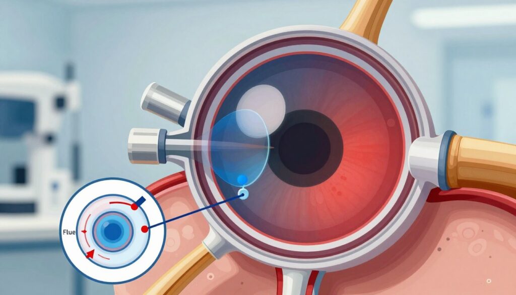 A detailed, cross-sectional illustration of the eye that highlights the internal structures related to intraocular pressure, like the cornea, lens, and retina. In the foreground, a clear, labeled diagram points out areas affected by glaucoma, with arrows indicating fluid flow and pressure points. The middle layer features transparent overlays showing varying levels of pressure within the eye, represented by color gradients (blue to red) to indicate low to high pressure. In the background, a blurred medical setting adds a professional ambiance, including subtle hints of examination equipment. The lighting is bright and clinical, emphasizing clarity and focus on the eye's anatomy. The overall mood is serious and informative, perfect for an educational article on safe medication usage for glaucoma patients.
