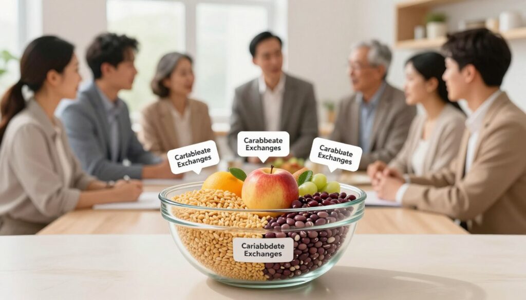 A detailed illustration depicting carbohydrate exchange units in a structured layout. In the foreground, a clear glass bowl contains various food items representing carbohydrate exchanges, such as whole grains, fruits, and legumes, neatly labeled with their carbohydrate values. In the middle ground, a diverse group of adults dressed in professional business attire observes and discusses the significance of these food items, emphasizing a practical approach to managing diabetes. The background features a softly blurred kitchen setting with natural light streaming through a window, creating a warm and educational atmosphere. The focus is sharp on the bowl and the group, with a soft bokeh effect in the background, ensuring clarity and engagement with the main subject. The overall mood is informative and encouraging, highlighting the importance of understanding dietary choices for diabetes management.