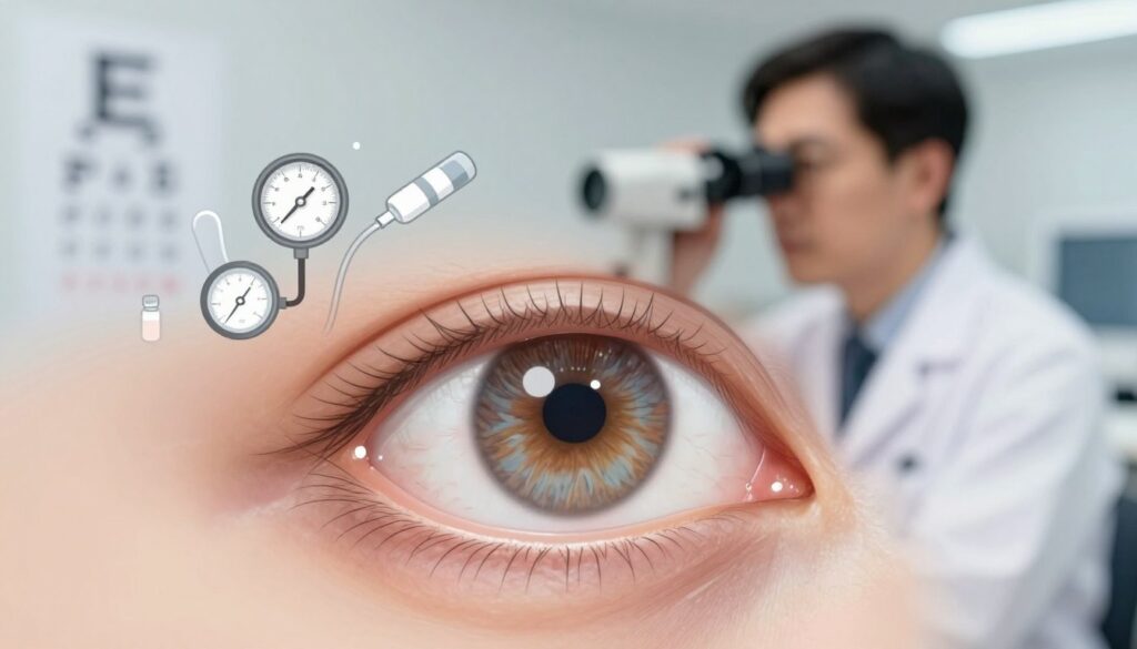 A detailed illustration depicting the concept of intraocular pressure in the context of glaucoma treatment. In the foreground, show a close-up of a human eye with visible tension around the iris, emphasizing the cornea and pupil. The middle layer should feature abstract medical symbols, such as pressure gauges and eye charts, to represent various medications and their effects. In the background, include a blurred image of a medical professional in a lab coat, examining an eye through an optical device, ensuring they appear focused and professional. Utilize soft, clinical lighting to create a sterile and informative atmosphere, with a depth of field that highlights the eye, while keeping the background slightly out of focus to draw attention to the main subject.