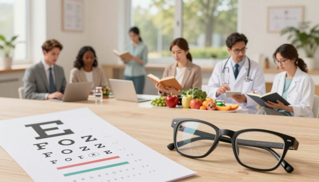 A detailed illustration focusing on the concept of "retinopathy risk" related to diabetes. In the foreground, depict an eye chart alongside a pair of glasses, symbolizing eye health and vision correction. In the middle layer, include diverse, professional individuals in modest business attire, engaged in healthy lifestyle activities—such as reading, exercising, and discussing nutrition—highlighting preventive measures against eye issues. The background should feature a warm, inviting environment, like a well-lit clinic or a park, suggesting a focus on wellness and preventative care. Use soft, natural lighting that enhances the sense of hope and wellbeing. A subtle depth of field effect can be applied to give prominence to the foreground elements, evoking a mood of determination and positivity.