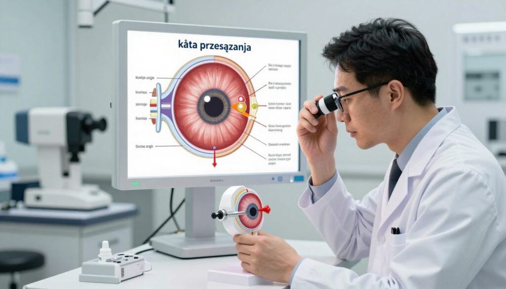A detailed illustration of an ophthalmologist's clinic focusing on the "kąta przesączania" (drainage angle) of the eye. In the foreground, a focused ophthalmologist in professional attire is examining an eye model, demonstrating the anatomy of the drainage angle. The middle ground features a high-resolution anatomical diagram of the eye, highlighting the "kąta przesączania" with labels in a clear, educational style. The background shows a well-lit, sterile clinic environment with equipment for laser therapy, emphasizing a clinical yet approachable atmosphere. The lighting is bright and clinical, promoting a sense of care and professionalism. The angle of the composition should capture both the ophthalmologist's engagement with the model and the detailed diagram, conveying a sense of education and precision in eye care.
