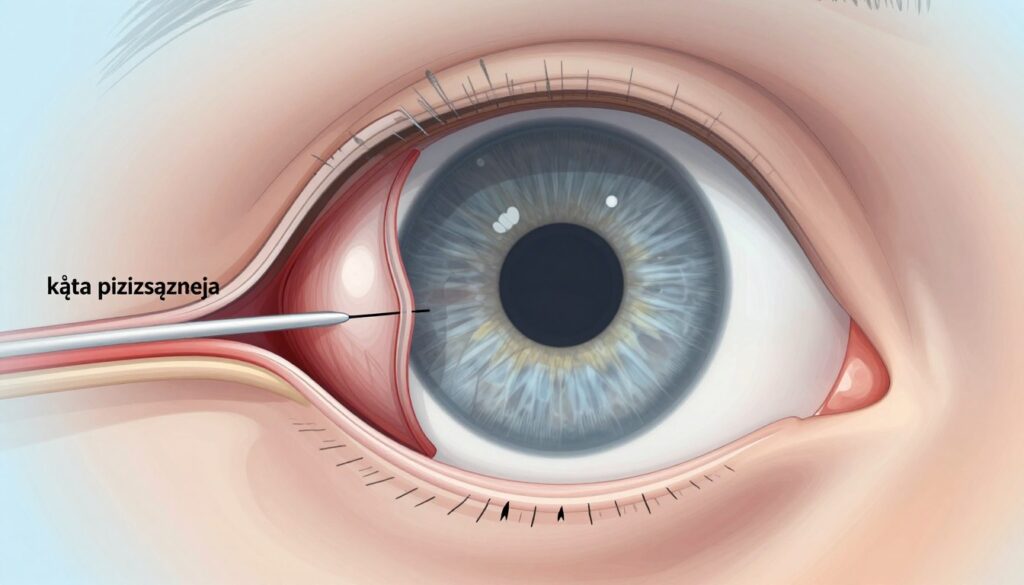 A detailed illustration of the "kąta przesączania" (angle of drainage) in the human eye, focusing on the anatomical structure. In the foreground, highlight a close-up view of the anterior segment of the eye, clearly showing the trabecular meshwork and Schlemm's canal with precise anatomical accuracy. The middle ground should depict the iris and cornea, creating a transparent layer that enhances visibility of the drainage angle. The background can softly fade with a gentle gradient to suggest a clinical environment, ensuring a sterile and professional atmosphere. Utilize soft, diffused lighting to enhance details without harsh shadows, simulating an ophthalmic examination setting. The mood should convey urgency and importance, making it clear that this illustration represents critical medical knowledge.