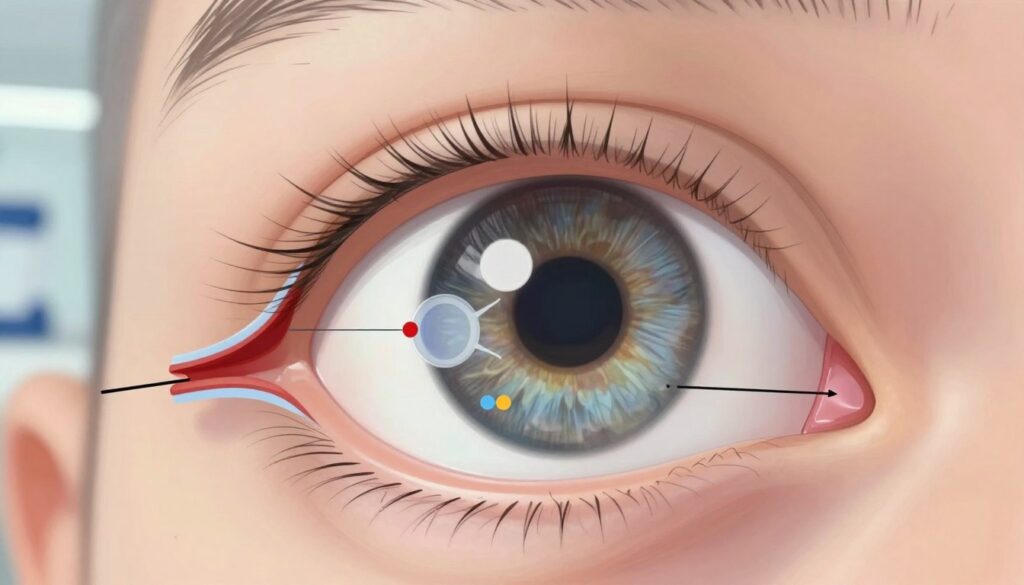 A detailed illustration of the mechanisms of angle closure in the eye, focusing on the anatomical structures involved. In the foreground, a close-up view of a human eye is shown, highlighting the iris and lens, with a semi-transparent depiction of the blockage at the drainage angle. In the middle ground, include labeled visual elements representing the pupil and surrounding tissues, with color-coded indicators for clarity. In the background, a soft, blurred representation of the eye socket and surrounding facial structures to provide context. The lighting should be soft and clinical, mimicking a medical examination room, with a focus on accuracy and detail in the anatomy. The mood should be scientific and informative, aimed at visually educating the viewer about this specific eye condition. A detailed illustration of the mechanisms of angle closure in the eye, focusing on the anatomical structures involved. In the foreground, a close-up view of a human eye is shown, highlighting the iris and lens, with a semi-transparent depiction of the blockage at the drainage angle. In the middle ground, include labeled visual elements representing the pupil and surrounding tissues, with color-coded indicators for clarity. In the background, a soft, blurred representation of the eye socket and surrounding facial structures to provide context. The lighting should be soft and clinical, mimicking a medical examination room, with a focus on accuracy and detail in the anatomy. The mood should be scientific and informative, aimed at visually educating the viewer about this specific eye condition.