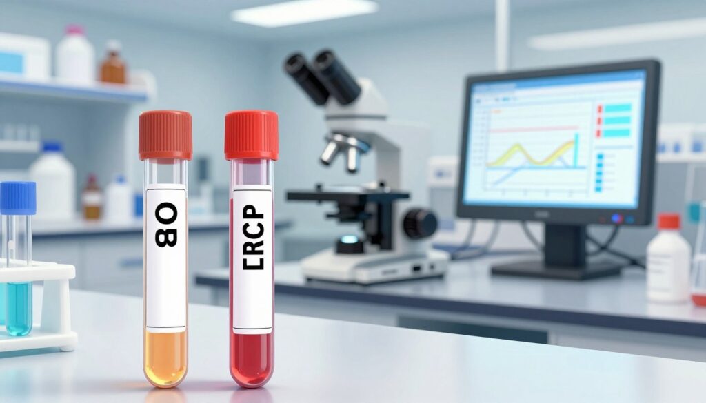 A detailed illustration showing three distinct test tubes labeled "OB," "CRP," and "PCT" filled with colored liquids, arranged in the foreground. In the middle ground, a clinical lab setting with a microscope, and a digital display screen showing graphs of inflammation markers. The background should have a softly focused laboratory environment with shelves of medical supplies and equipment, illuminated by bright, sterile lighting to emphasize a clean and professional atmosphere. The image should convey a sense of seriousness and scientific inquiry, reflecting the importance of these tests in evaluating inflammation and infection. The angle should be slightly elevated, providing a comprehensive view of the test tubes and lab elements, ensuring no people or additional distractions are in the frame.