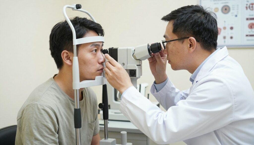 A detailed ophthalmology examination scene depicting a doctor examining a patient's eye for cataract diagnosis. In the foreground, a healthcare professional, dressed in a white lab coat and glasses, uses an ophthalmoscope to closely inspect the eye of a patient sitting in a well-lit examination room. The patient, wearing modest casual clothing, appears focused and calm. In the middle ground, medical equipment like a slit lamp and charts with eye anatomy illustrations are visible on a nearby table. The background features a softly lit room with light-colored walls, creating a clean and professional atmosphere. Bright, soft lighting accentuates the details, adding a sense of clarity and purpose. The overall mood conveys seriousness and professionalism, emphasizing the importance of precise diagnosis before treatment. A detailed ophthalmology examination scene depicting a doctor examining a patient's eye for cataract diagnosis. In the foreground, a healthcare professional, dressed in a white lab coat and glasses, uses an ophthalmoscope to closely inspect the eye of a patient sitting in a well-lit examination room. The patient, wearing modest casual clothing, appears focused and calm. In the middle ground, medical equipment like a slit lamp and charts with eye anatomy illustrations are visible on a nearby table. The background features a softly lit room with light-colored walls, creating a clean and professional atmosphere. Bright, soft lighting accentuates the details, adding a sense of clarity and purpose. The overall mood conveys seriousness and professionalism, emphasizing the importance of precise diagnosis before treatment.