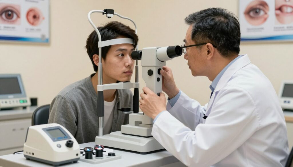 A detailed ophthalmology examination scene showcasing a professional eye doctor and a patient in a modern clinic setting. In the foreground, the doctor, a middle-aged individual in a white lab coat and glasses, is examining the patient’s eye through a slit lamp. The patient, a young adult in casual yet professional attire, appears focused and attentive. In the middle ground, various eye examination tools are neatly organized on a counter, including lenses and diagnostic devices reflecting soft, warm clinic lighting. The background features medical posters about cataracts and eye health, contributing to the educational atmosphere. The overall mood is calm, with an emphasis on care and professionalism, highlighted by the soft focus of the lighting creating a welcoming environment for patients.
