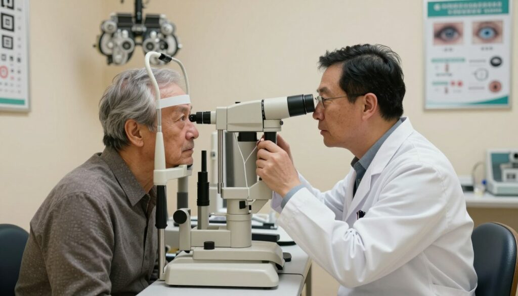 A detailed optometrist office scene showing an eye examination taking place. In the foreground, a professional optometrist in a white lab coat examines an elderly patient's eyes using a slit lamp, highlighting the focus on cataract assessment. The patient, wearing modest and professional attire, looks attentive while sitting in an eye examination chair. In the middle ground, various eye examination equipment is visible, including phoropters and visual charts. The background features a softly lit clinic environment, with calming neutral colors and a few eye health posters on the walls. The atmosphere conveys a sense of professionalism and care, with warm lighting creating a welcoming and reassuring feel.