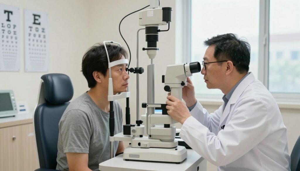 A detailed scene in an ophthalmology clinic focusing on cataract diagnosis. In the foreground, a professional optometrist, dressed in a white coat and wearing glasses, examines a patient's eyes using a slit lamp. The patient, a middle-aged individual in modest casual clothing, is sitting comfortably in an examination chair. The middle ground features medical equipment such as an eye chart and a phoropter, highlighting the diagnostic process. In the background, soft, ambient lighting floods the room, creating a calming atmosphere, with light filtering through large windows, reflecting a sterile yet welcoming environment. The scene conveys a sense of professionalism, care, and attentiveness in eye health diagnostics.