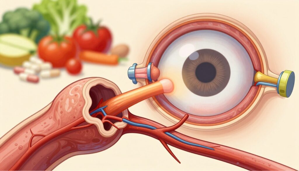 A detailed, scientific illustration of the optic nerve in the human eye affected by glaucoma. In the foreground, a stylized close-up of the optic nerve head showing its intricate structure, with visible blood vessels and highlighting the areas impacted by increased intraocular pressure. In the middle ground, depict an eye with a visible cornea, lens, and retina, emphasizing the relationship between glaucoma and visual impairment. The background should subtly blend elements of a nutrient-rich diet, such as colorful vegetables and supplements, signifying the importance of nutrition for eye health. Use soft, natural lighting to create a clinical yet warm atmosphere. The perspective should be slightly angled to enhance depth, conveying a sense of scientific exploration focusing on the eye's health. A detailed, scientific illustration of the optic nerve in the human eye affected by glaucoma. In the foreground, a stylized close-up of the optic nerve head showing its intricate structure, with visible blood vessels and highlighting the areas impacted by increased intraocular pressure. In the middle ground, depict an eye with a visible cornea, lens, and retina, emphasizing the relationship between glaucoma and visual impairment. The background should subtly blend elements of a nutrient-rich diet, such as colorful vegetables and supplements, signifying the importance of nutrition for eye health. Use soft, natural lighting to create a clinical yet warm atmosphere. The perspective should be slightly angled to enhance depth, conveying a sense of scientific exploration focusing on the eye's health.
