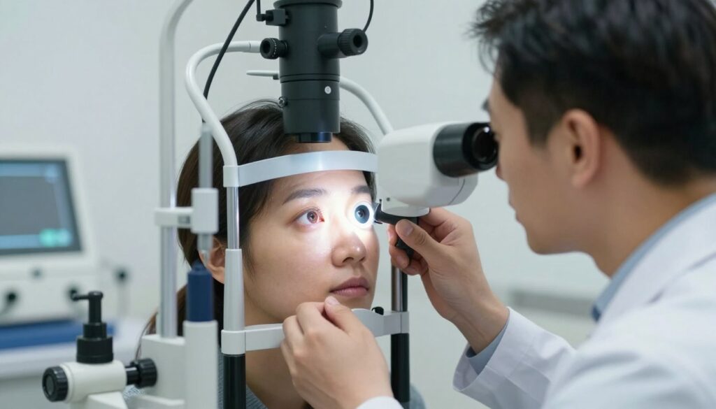 A detailed view of an ophthalmologist conducting a slit lamp examination on a patient in a clinical setting. In the foreground, focus on the slit lamp with bright, focused light illuminating the patient's eye, revealing intricate details of the cornea and anterior chamber. The ophthalmologist, dressed in professional attire, is attentively observing the eye through the instrument. In the middle ground, display the patient's face showing concentration and calmness as they undergo the examination. In the background, arrange medical equipment and a softly lit clinic environment, creating a sterile yet inviting atmosphere. The lighting should be bright and clinical, emphasizing clarity and precision in the examination process. The overall mood should be focused and professional, highlighting the seriousness of eye care.