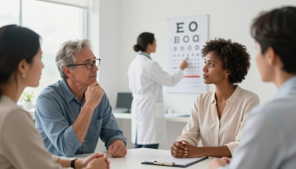 A diverse group of adults in a well-lit medical office, engaged in a discussion about glaucoma risk factors. In the foreground, a middle-aged Caucasian man wearing glasses appears thoughtful as he listens, while a Black woman in a smart blouse points at an eye chart. In the background, a doctor in a lab coat explains the importance of regular eye examinations using a chart on the wall. The room is bright and inviting, with natural light streaming through a window, creating a warm, professional atmosphere. The focus is clear, capturing the expressions of concern and engagement among the participants, symbolizing awareness and proactive health measures regarding glaucoma risks.