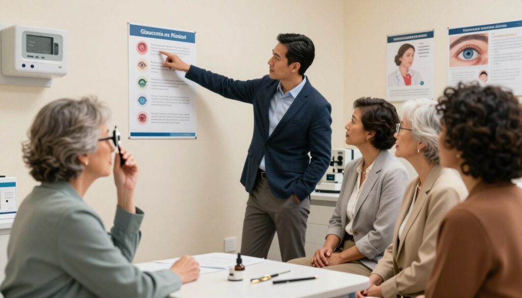 A diverse group of individuals aged 40 and older, representing various ethnicities, engaged in a discussion about eye health in a bright, well-lit clinic setting. In the foreground, a middle-aged woman wearing professional business attire is examining an eye chart. In the middle, a male optometrist, also dressed in smart attire, points towards an educational poster about glaucoma risk factors, while a couple of patients attentively listen. The background features modern medical equipment and posters about eye care. The lighting is warm and inviting, creating a sense of urgency yet hope. The overall atmosphere reflects the importance of awareness and proactive health management in glaucoma prevention.