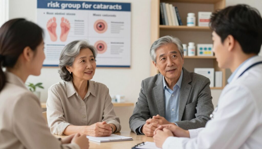 A diverse group of individuals in a consultation setting, visually representing the "risk group for cataracts." In the foreground, depict an older woman and an older man, both in professional attire, discussing their eye health with a doctor, who is wearing a white coat. The middle ground features informational charts about cataracts on a wall behind them, illustrating age, medical conditions, medications, and lifestyle factors linked to cataracts. Soft, warm lighting creates an inviting atmosphere, suggesting a sense of comfort and care. In the background, shelves filled with medical books and eye care materials enhance the educational context. The image should convey a serious yet hopeful mood, emphasizing the importance of early detection and awareness.