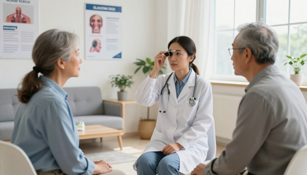 A diverse group of middle-aged and older adults gathered in a well-lit, modern doctor's office. In the foreground, two people are attentively discussing their eye health, one wearing professional business attire, while the other dons modest casual clothing. In the middle, a healthcare professional, also in professional attire, is demonstrating an eye pressure test. The background showcases medical posters about glaucoma risk factors and a cozy waiting area with plants. Natural light pours in through large windows, creating an inviting and warm atmosphere. The composition emphasizes concern for eye health and the importance of regular check-ups, highlighting the seriousness of glaucoma risk. The mood is informative and supportive, aiming to raise awareness about preventive eye care.