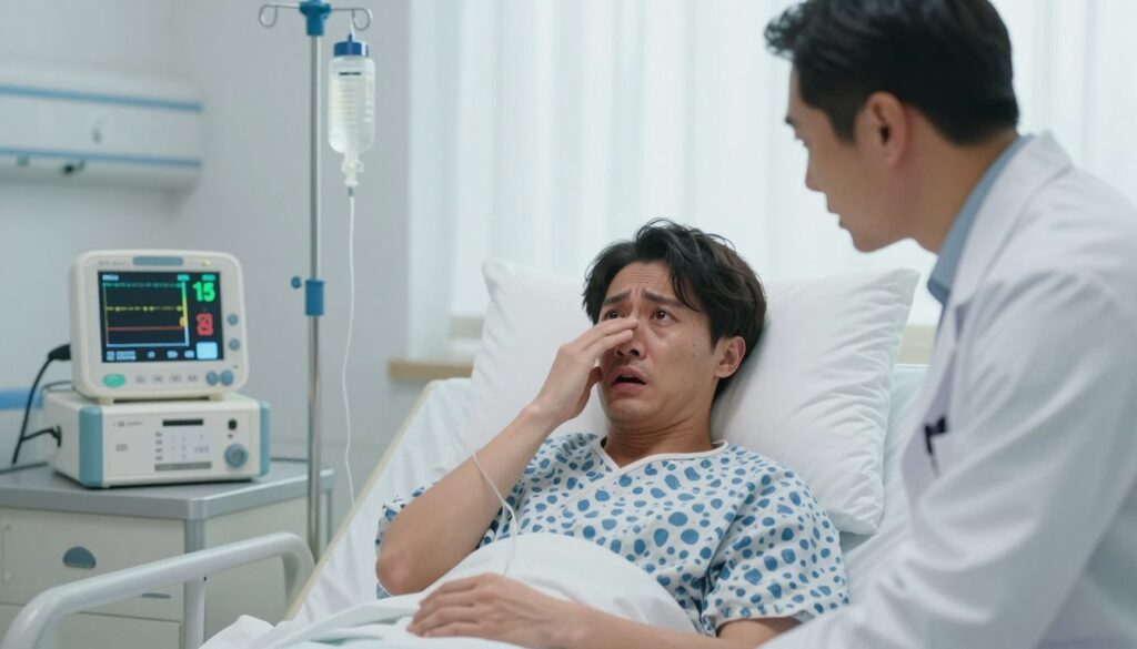 A dramatic medical scene depicting acute diabetes complications that pose immediate threats to life. In the foreground, a concerned healthcare professional in a lab coat observes a patient, showcasing urgency and focus in their expression. The patient, appearing distressed and weak, is seated in a hospital room, connected to monitoring equipment displaying vital signs. The middle ground presents medical instruments and IV drips, emphasizing the clinical environment. In the background, soft lighting highlights a hospital window, suggesting a sense of hope amidst the seriousness. The overall mood is tense yet professional, reflecting the dire implications of uncontrolled diabetes in a clear, educational manner.