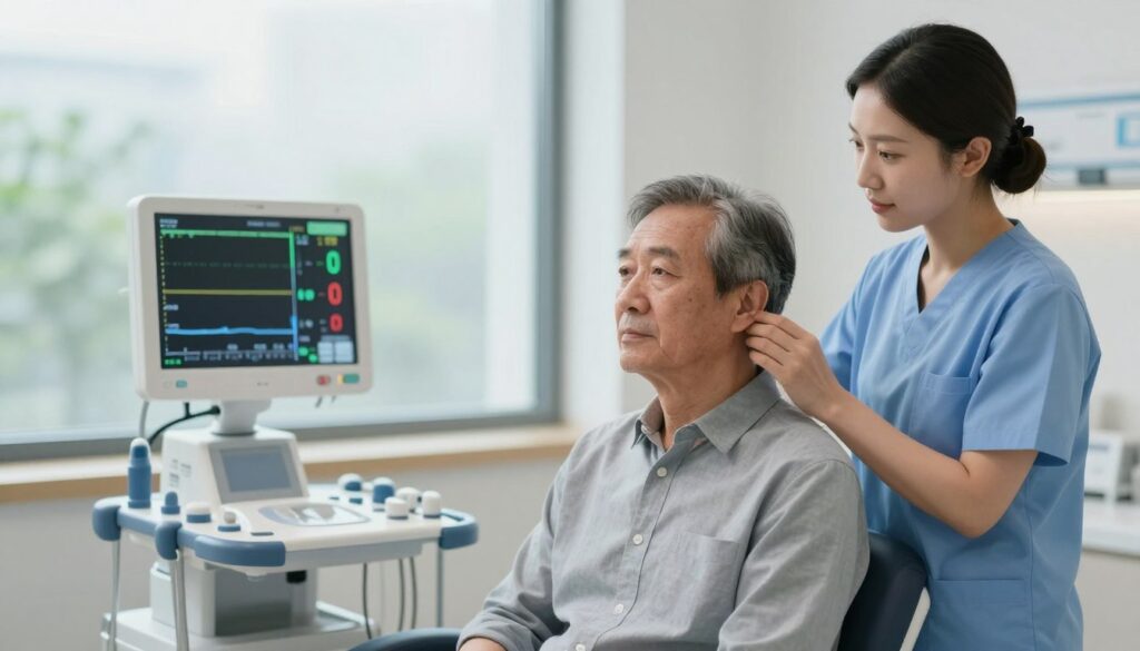 A focused and professional medical setting depicting a patient undergoing an eye surgery rehabilitation session, specifically for glaucoma. In the foreground, a middle-aged patient sits comfortably in a modern hospital examination room, wearing a button-up shirt. A nurse, in scrubs, is gently assisting the patient, showcasing a caring and supportive atmosphere. In the middle ground, a medical equipment monitor displays vital signs, symbolizing the importance of monitoring during recovery. The background features soft, natural lighting coming from a large window, creating a calming environment with subtle greenery visible outside. The composition should convey hope and resilience, emphasizing the patient's journey through recovery and rehabilitation. The scene should be captured with a shallow depth of field, focusing on the patient and nurse while softly blurring the background elements.