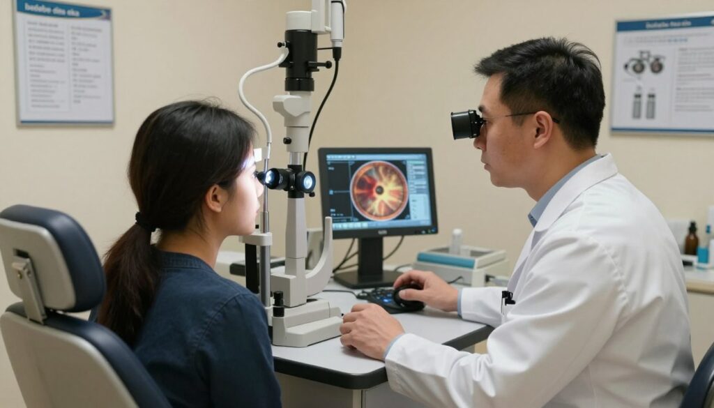 A focused eye examination scene in an ophthalmology office, emphasizing a patient sitting in a modern examination chair while an optometrist, dressed in professional attire, conducts a "badanie dna oka" test using advanced optical equipment. The foreground features a detailed view of the patient's eye under examination, illuminated by a bright, focused light from the diagnostic tool. In the middle ground, the optometrist intently analyzes the results on a digital screen displaying intricate images of the retina. The background should include medical charts and a clean, organized workspace with soft, warm lighting to create a calm, professional atmosphere. The overall mood conveys trust and expertise in eye care.